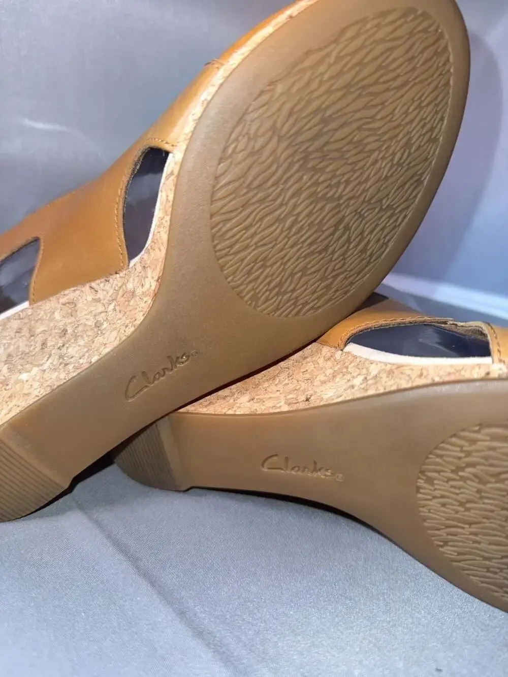 Clarks Collection Tan Leather Perforated Wedge Sandals Women's Size 7.5